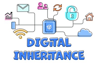 Illustration of Text Digital Inheritance and scheme with many different icons on white background