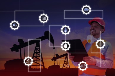 Image of Professional engineer with clipboard, illustration of different icons and gas pumps silhouettes on background