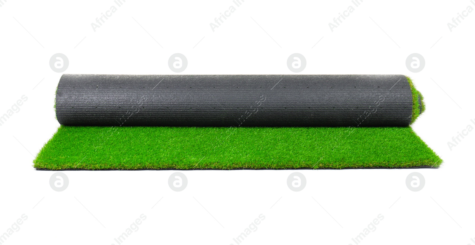 Photo of Rolled artificial grass carpet on white background. Exterior element