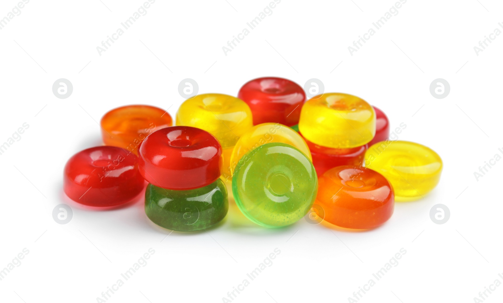 Photo of Pile of delicious colorful candies on white background