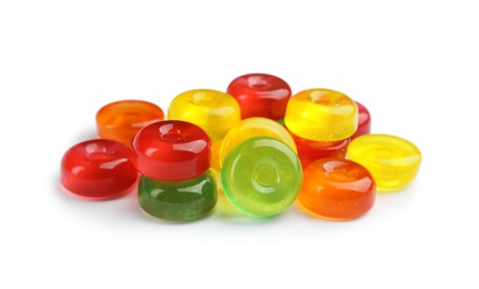 Photo of Pile of delicious colorful candies on white background