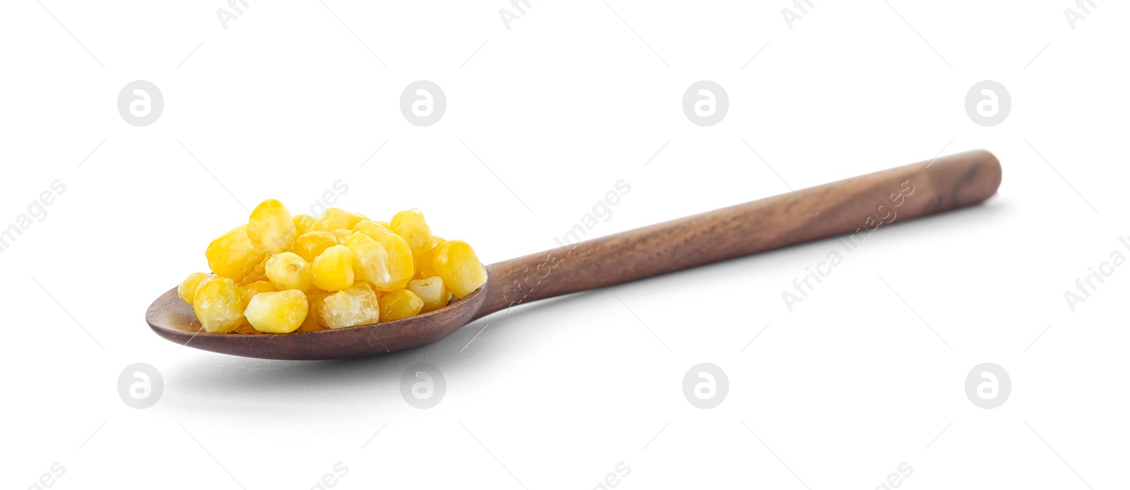 Photo of Spoon with frozen corn on white background. Vegetable preservation