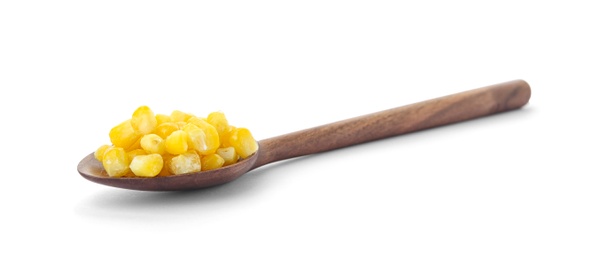 Photo of Spoon with frozen corn on white background. Vegetable preservation