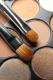 Beautiful eye shadow palette and brushes as background, above view