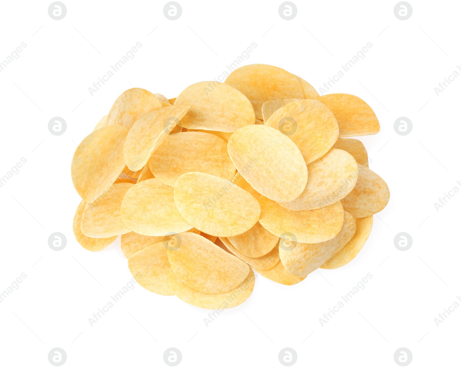 Photo of Heap of delicious potato chips on white background, top view