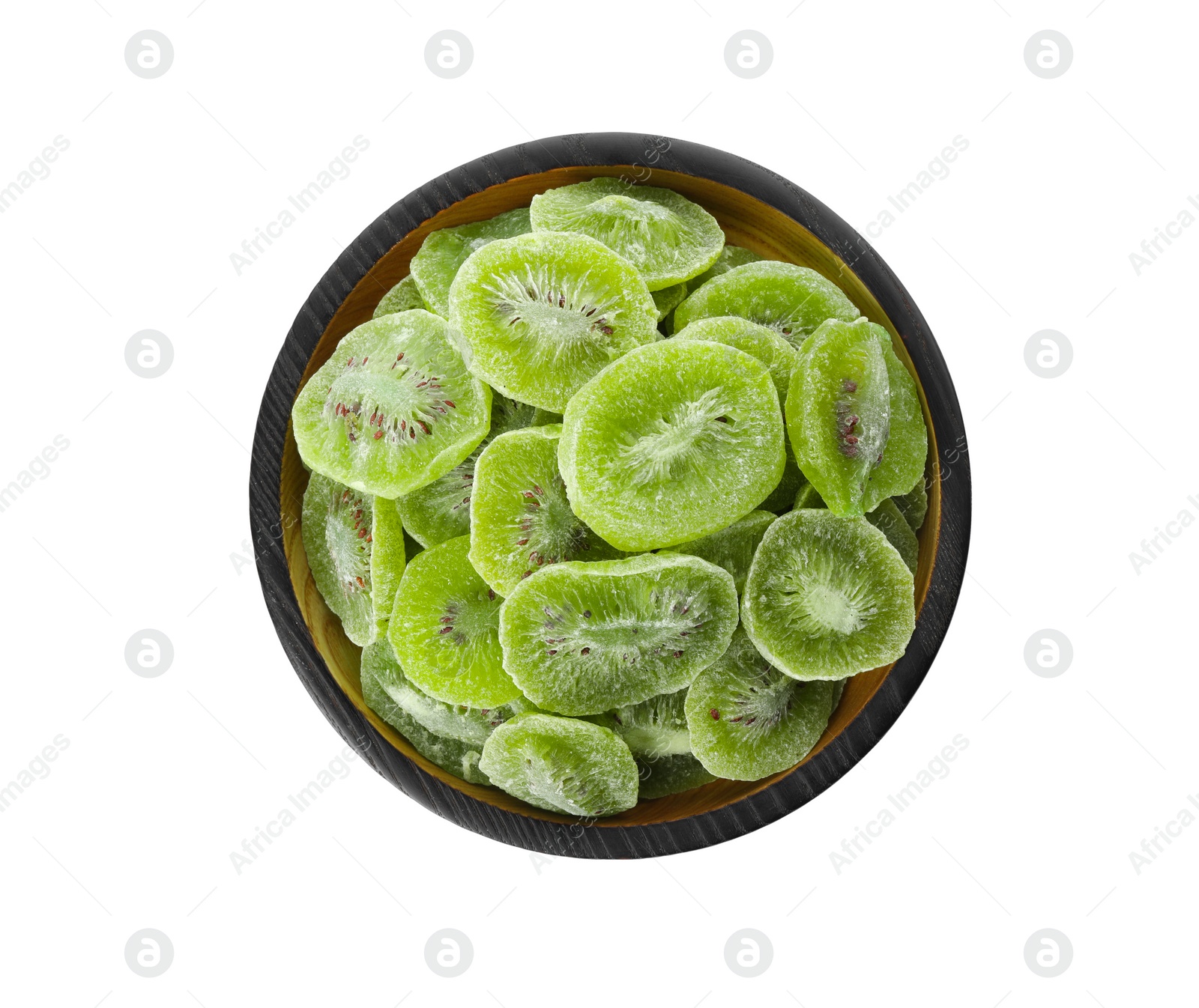 Photo of Plate with slices of dried kiwi on white background, top view. Dried fruit as healthy food