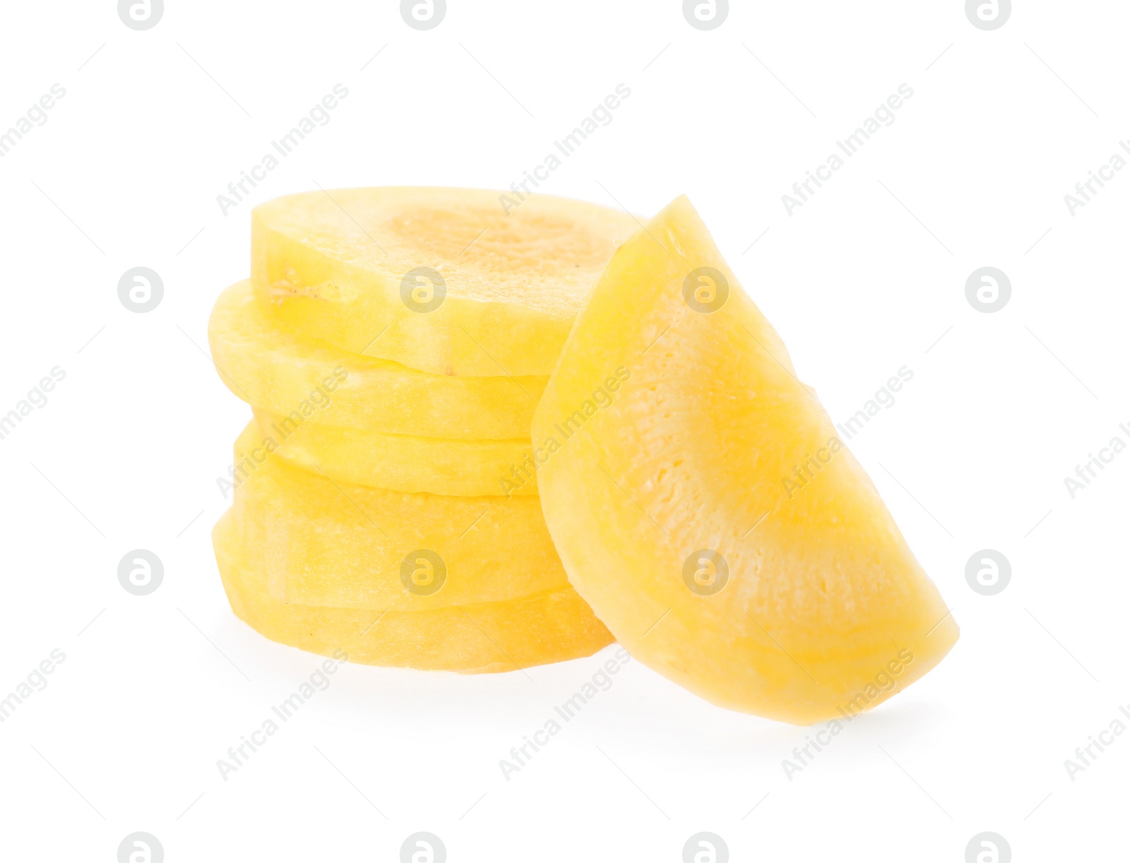 Photo of Slices of raw yellow carrot isolated on white