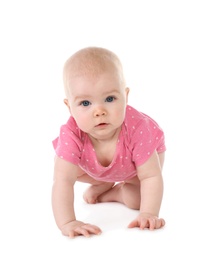 Photo of Cute little baby crawling on white background