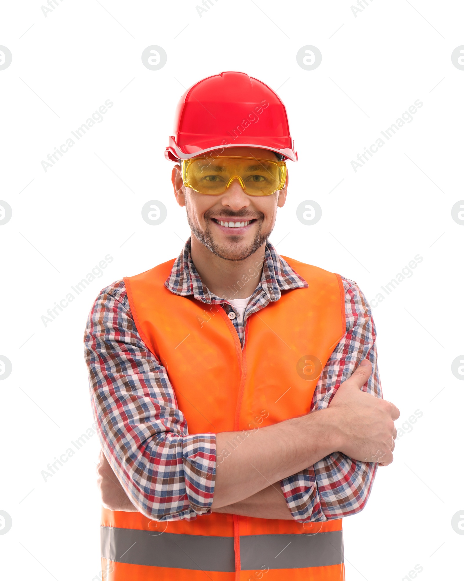 Photo of Male industrial engineer in uniform on white background. Safety equipment