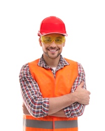 Male industrial engineer in uniform on white background. Safety equipment