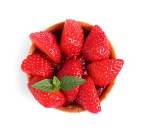 Photo of Tartlet with fresh strawberries and mint isolated on white, top view. Delicious dessert