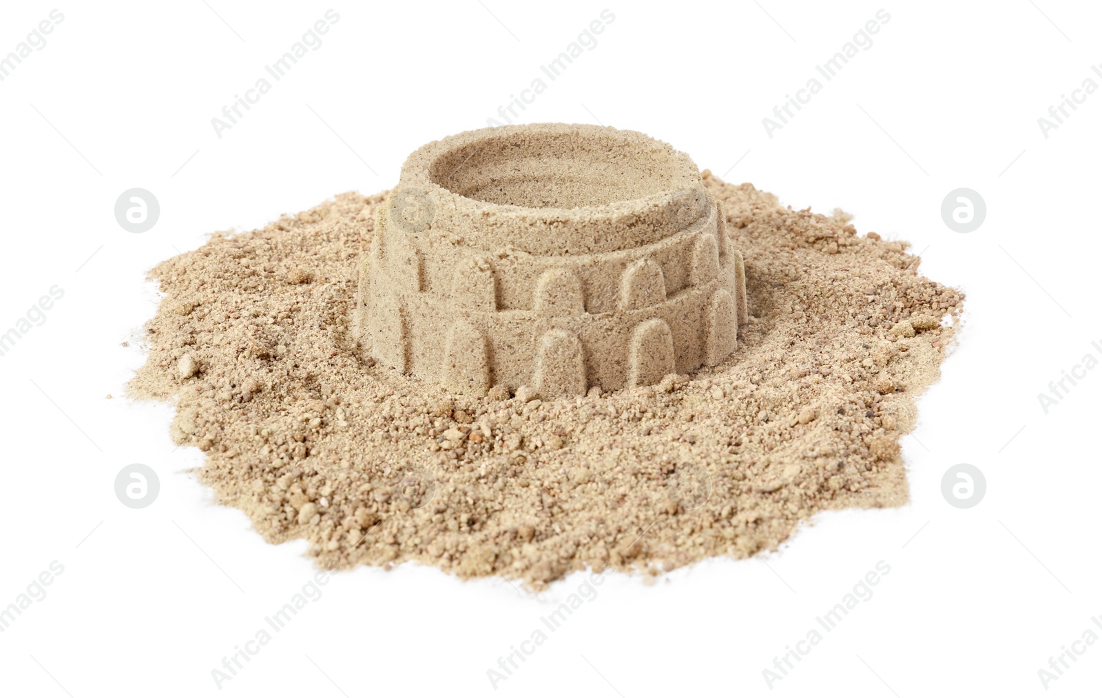 Photo of Pile of sand with beautiful castle isolated on white. Outdoor play