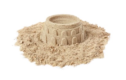 Pile of sand with beautiful castle isolated on white. Outdoor play