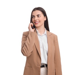 Happy young businesswoman talking on smartphone against white background