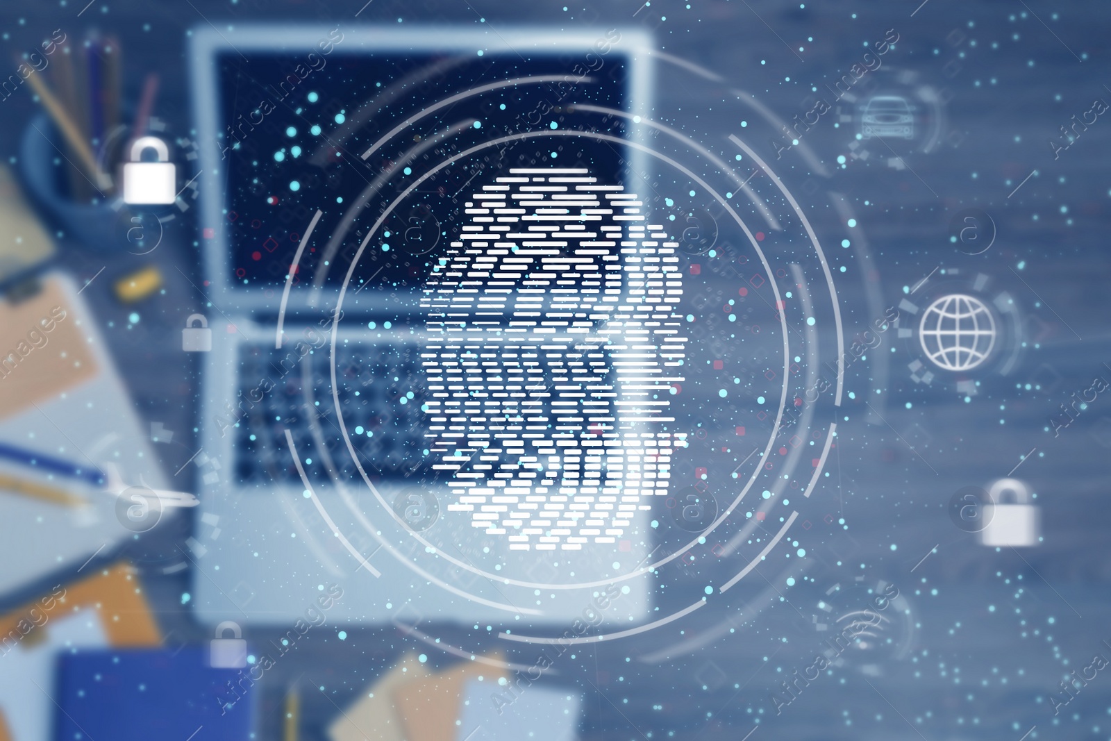 Image of Fingerprint identification. Modern laptop and supplies on wooden table, above view