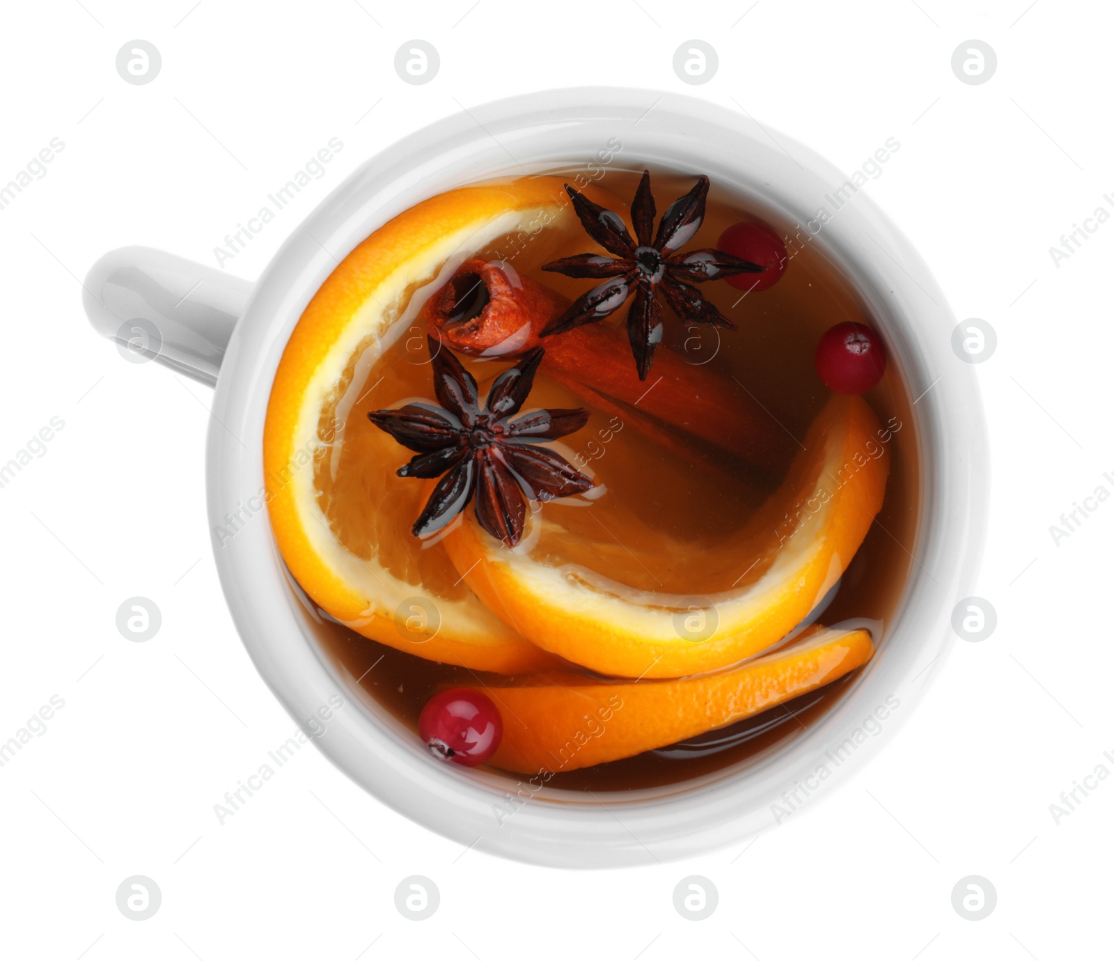 Photo of Aromatic mulled wine isolated on white, top view