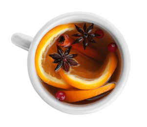 Photo of Aromatic mulled wine isolated on white, top view