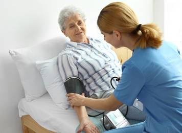 Photo of Nurse measuring blood pressure of elderly woman indoors. Medical assistance