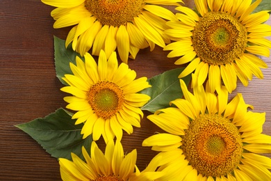 Photo of Beautiful bright sunflowers on wooden background, flat lay