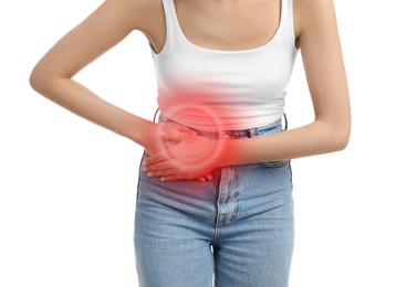 Image of Woman suffering from appendicitis inflammation on white background, closeup