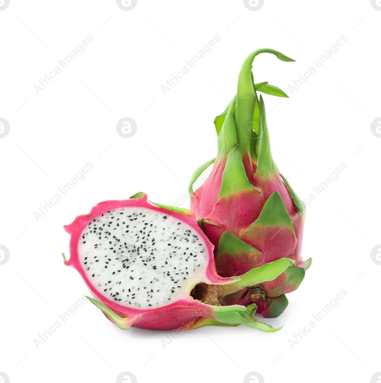 Photo of Delicious cut and whole dragon fruits (pitahaya) on white background