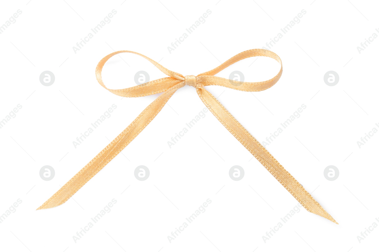 Photo of Beautiful golden ribbon tied in bow isolated on white, top view