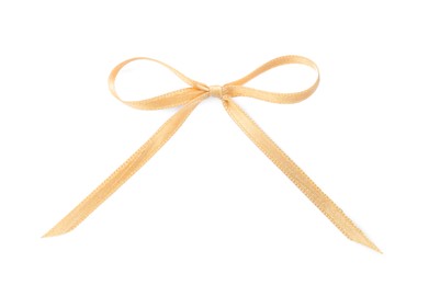 Beautiful golden ribbon tied in bow isolated on white, top view