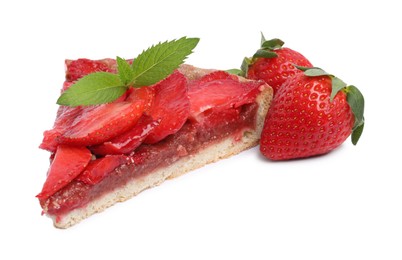 Photo of Piece of delicious strawberry tart with mint and fresh berries isolated on white