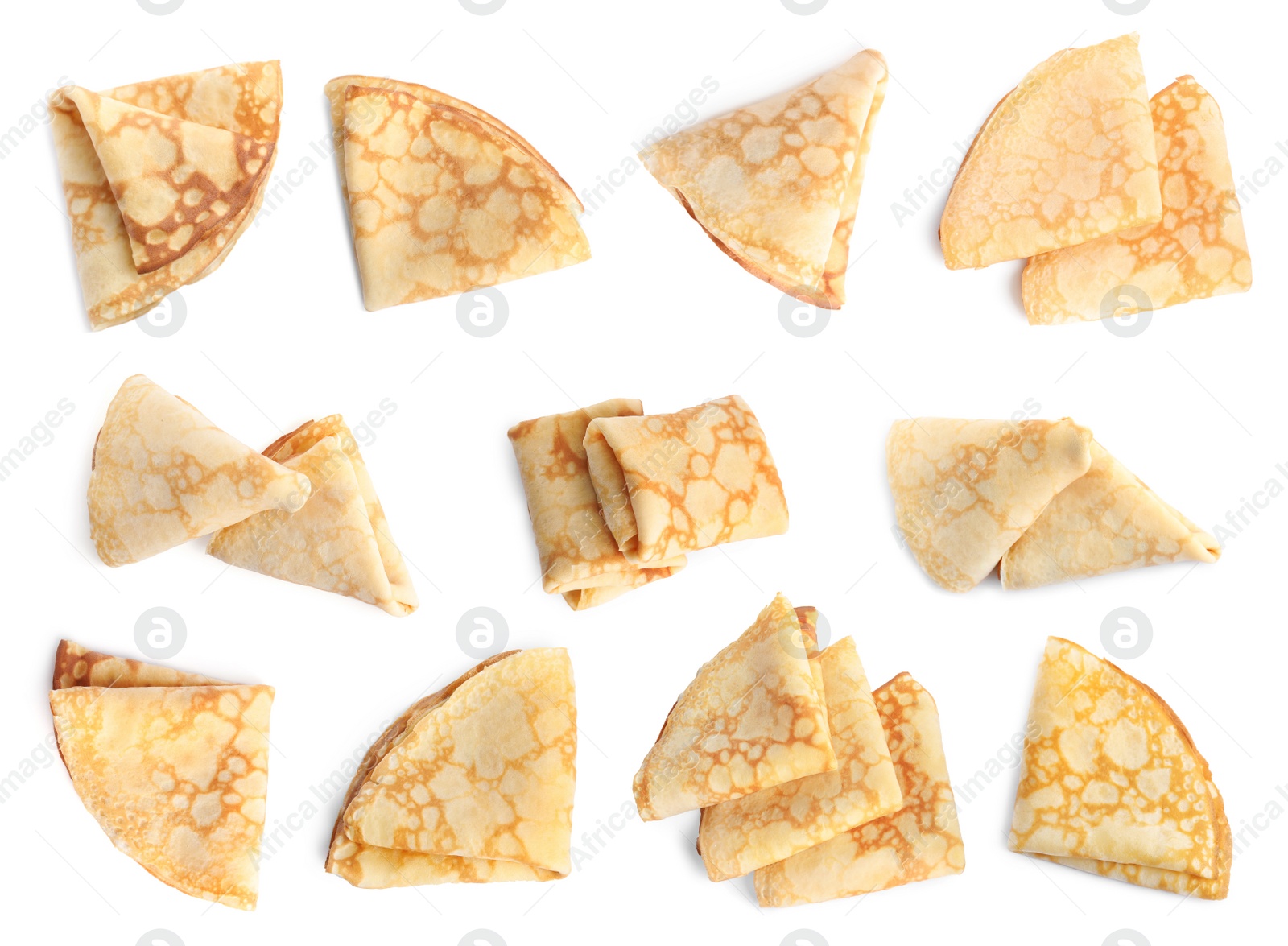 Image of Set of delicious thin pancakes on white background, top view