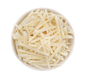 Photo of Plate with cut fresh parsnip on white background, top view