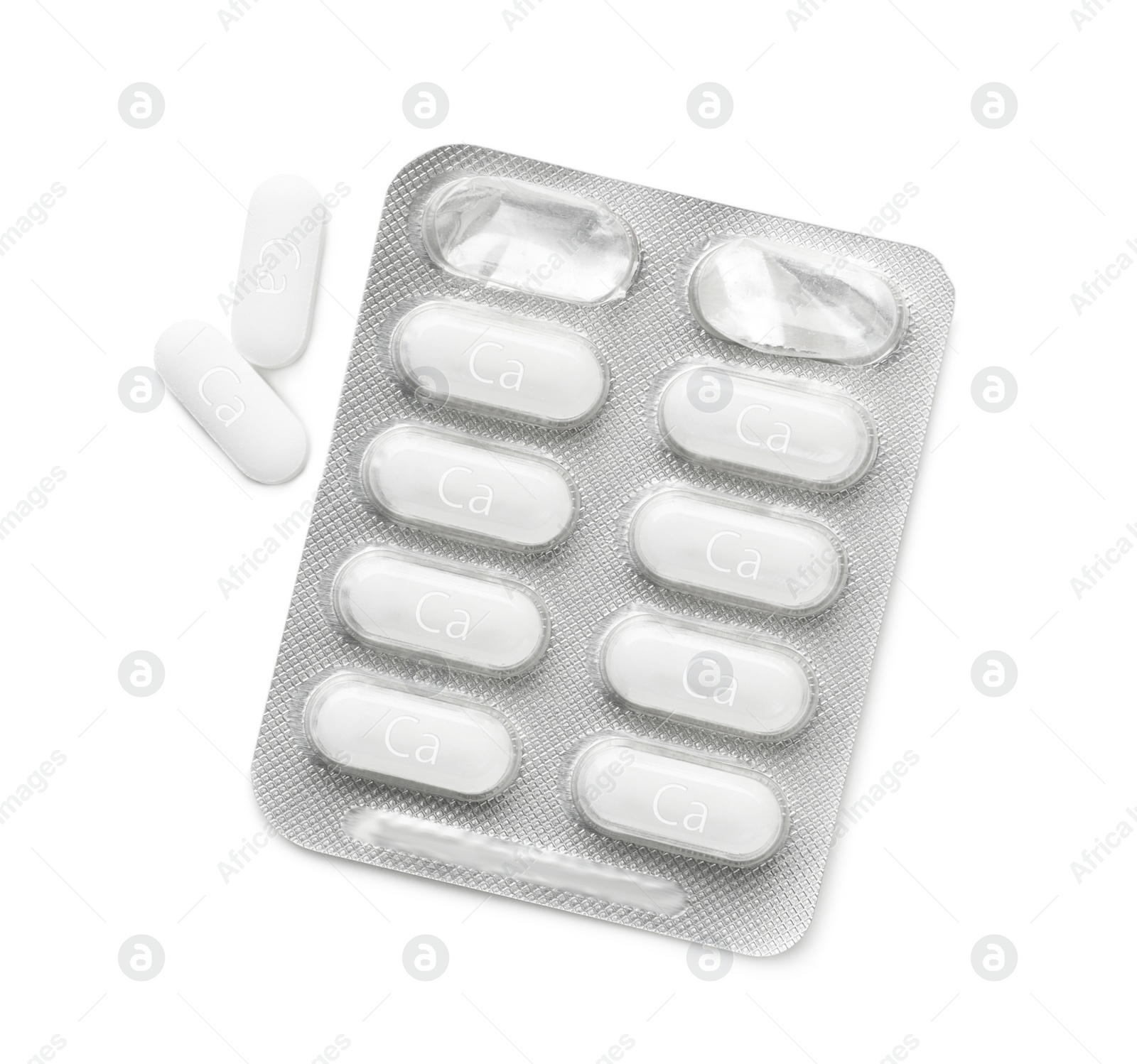 Photo of Blister pack with calcium supplement pills on white background, flat lay