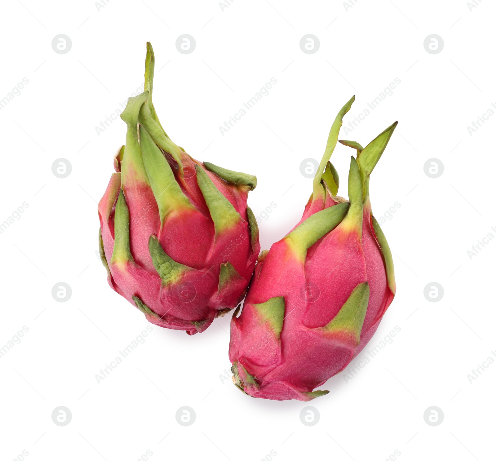 Photo of Delicious pink dragon fruits (pitahaya) on white background, top view