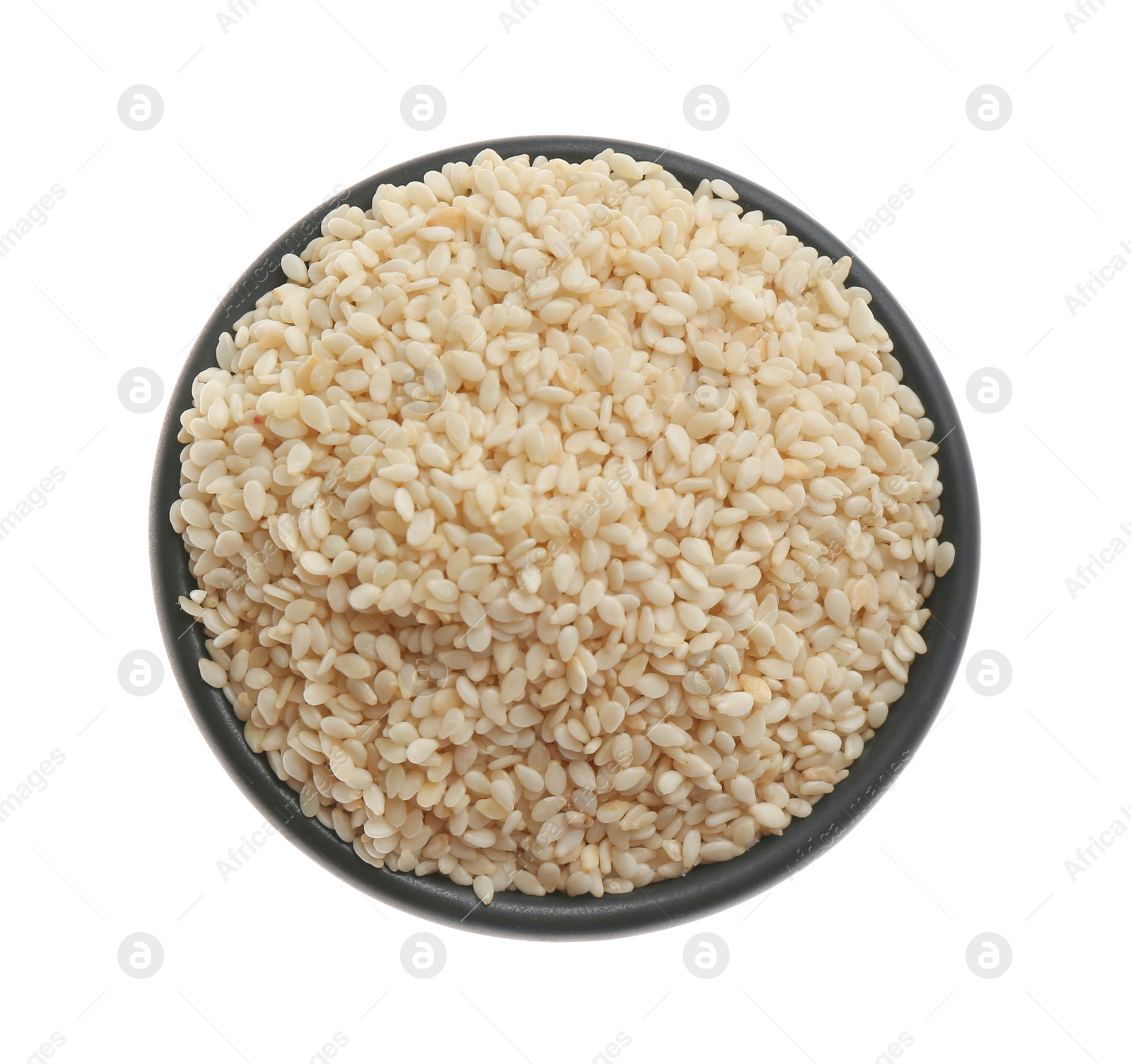 Photo of Sesame seeds in bowl on white background, top view