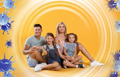 Image of Happy family with strong immunity on orange background. Bubble around them blocking viruses, illustration