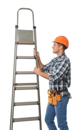 Photo of Professional builder with metal ladder on white background