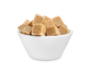 Brown sugar cubes in bowl isolated on white