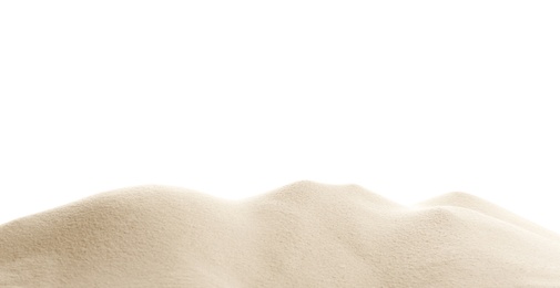 Photo of Heap of dry beach sand on white background