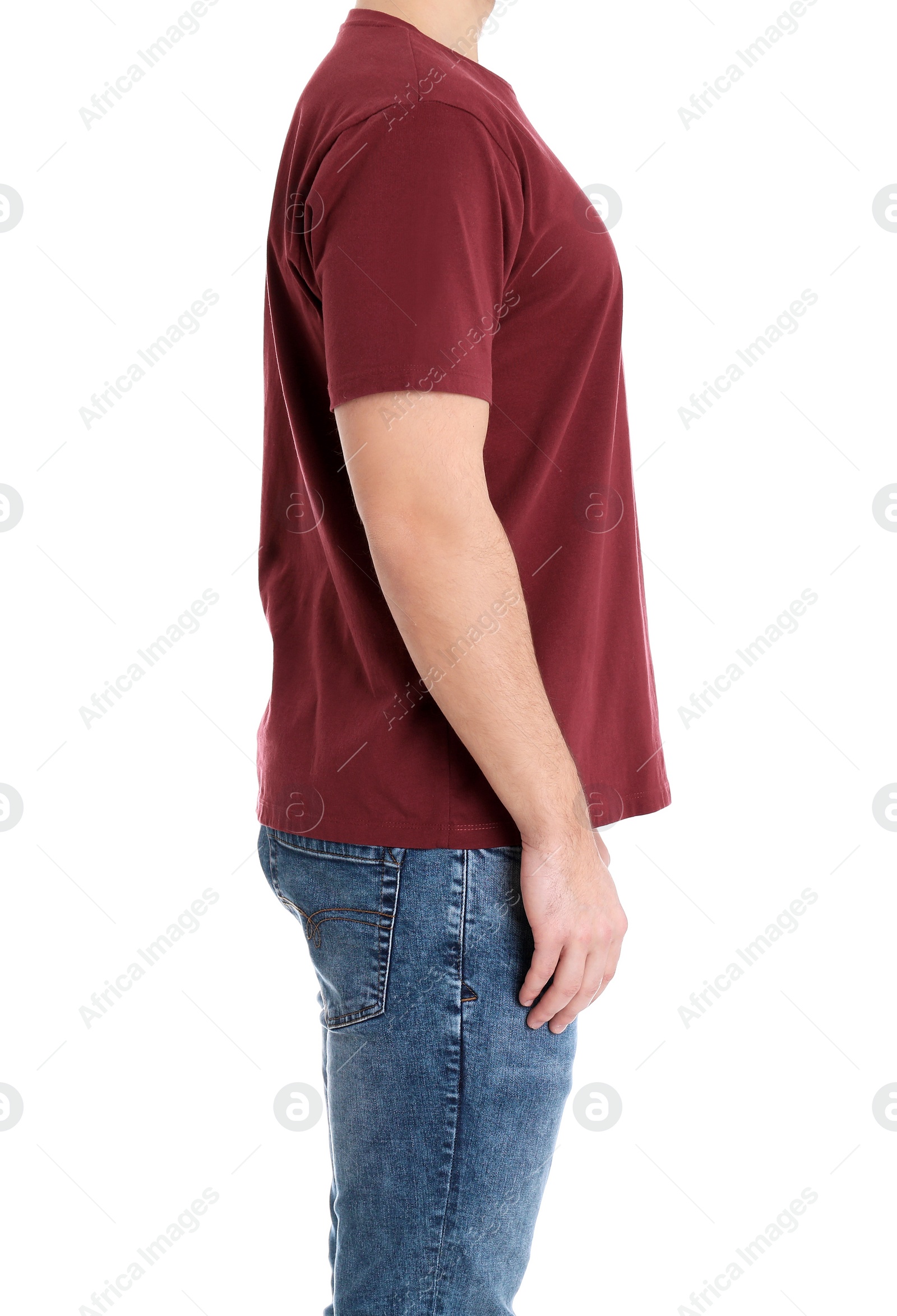 Photo of Young man on white background, closeup. Weight loss