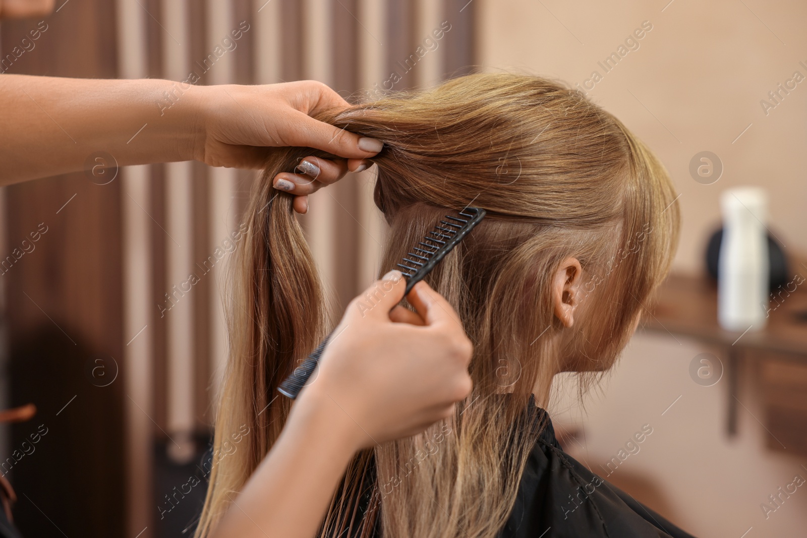 Photo of Professional hairdresser working with girl in beauty salon, closeup