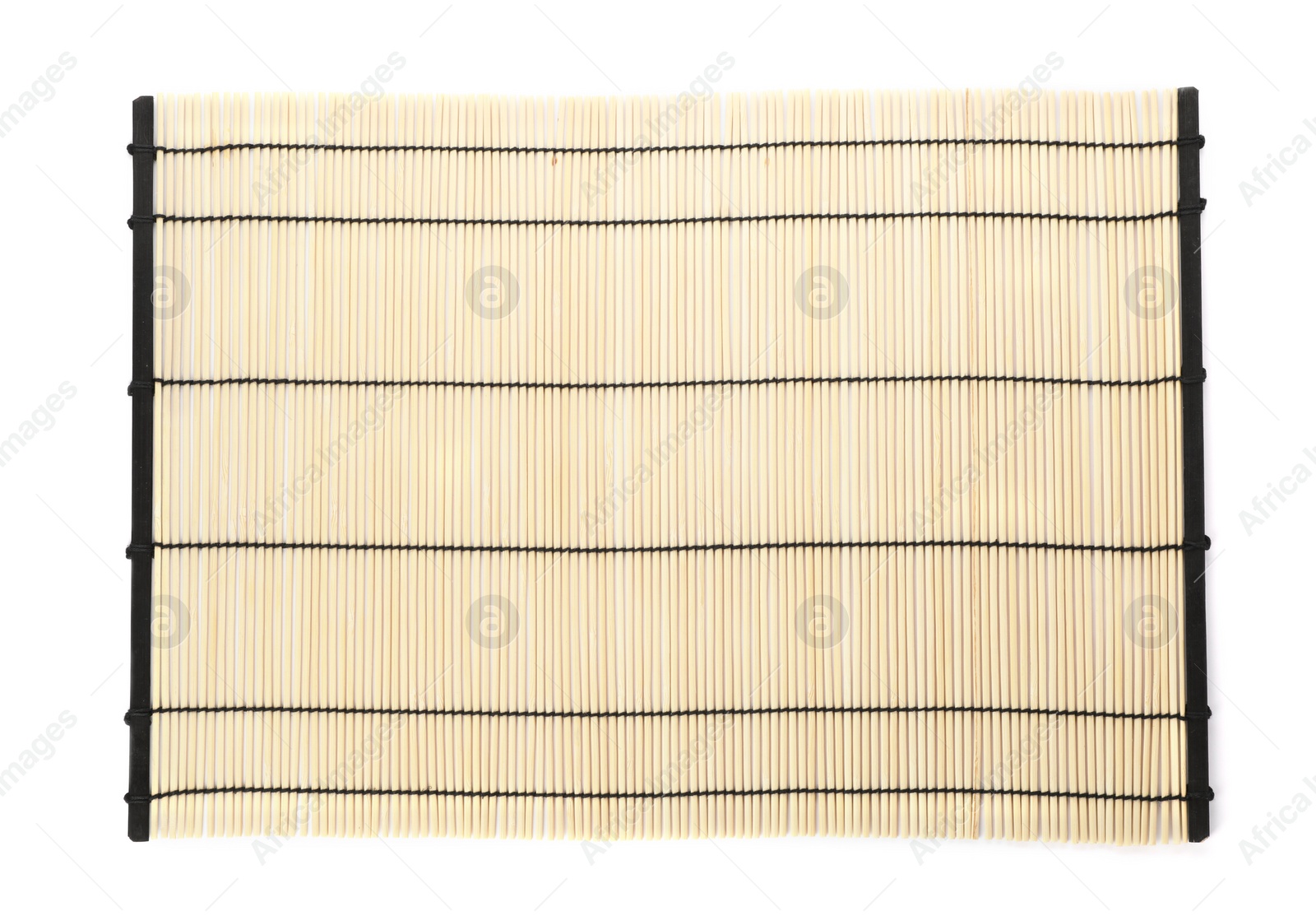 Photo of Sushi mat made of bamboo on white background, top view