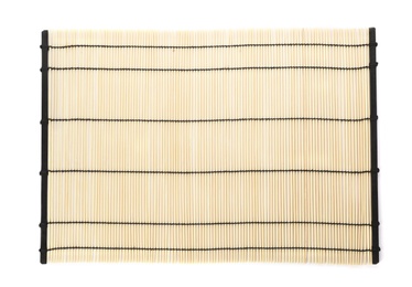 Sushi mat made of bamboo on white background, top view