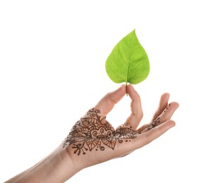 Woman with henna tattoo holding green leaf on white background, closeup. Traditional mehndi ornament