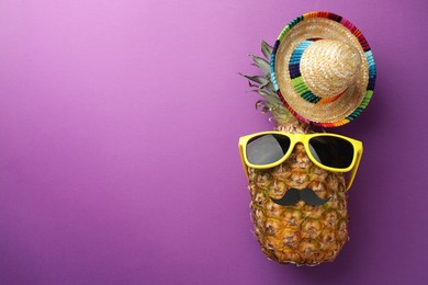 Photo of Pineapple with Mexican sombrero hat, fake mustache and sunglasses on purple background, flat lay. Space for text