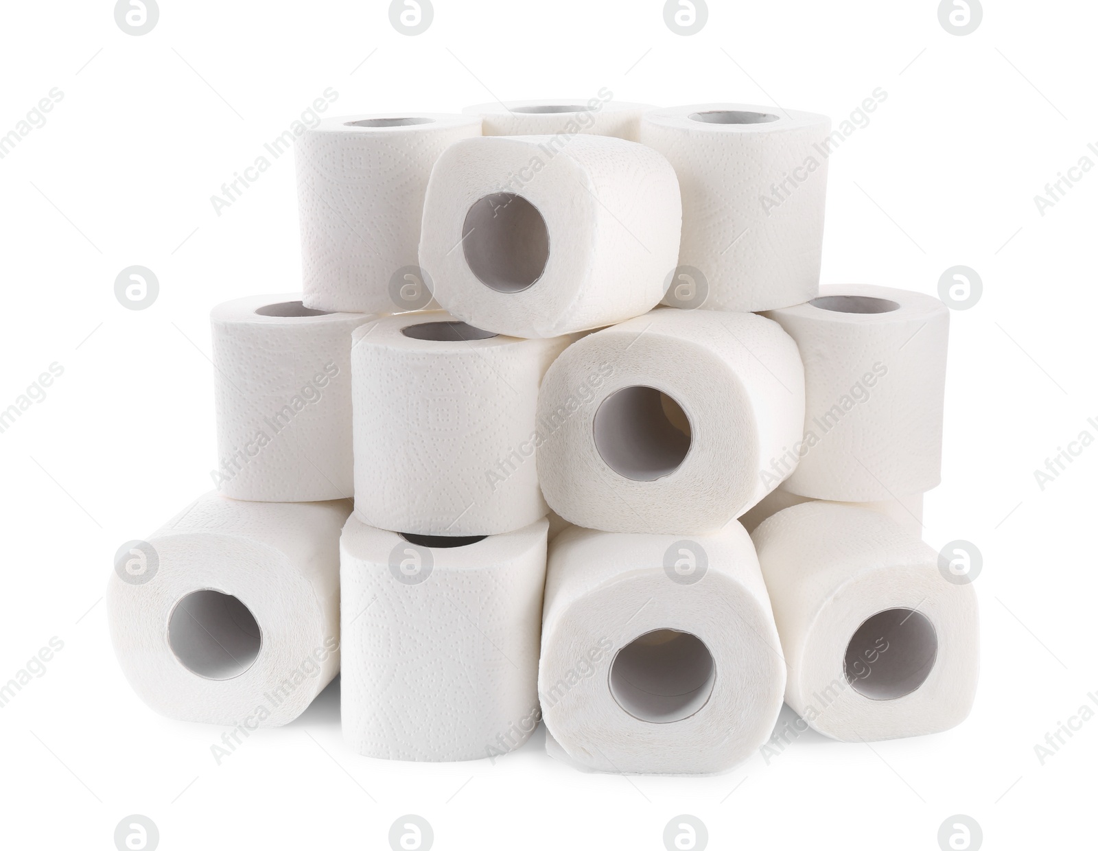 Photo of Many soft toilet paper rolls isolated on white