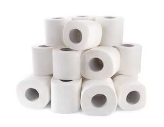 Photo of Many soft toilet paper rolls isolated on white