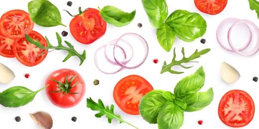 Image of Fresh ripe tomatoes with garlic, onion, basil, arugula and peppercorns on white background, top view. Banner design