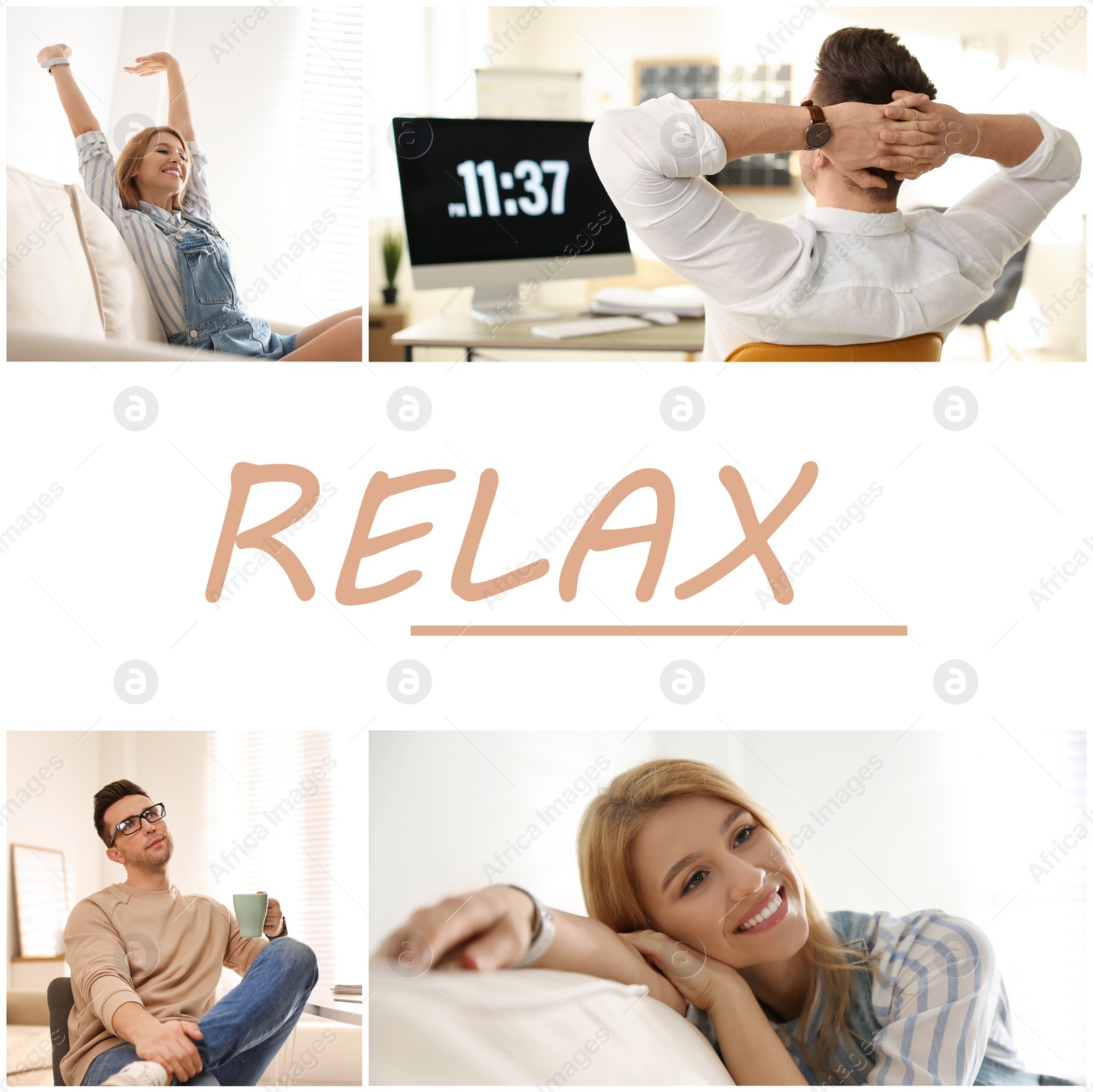 Image of Collage of different people resting indoors and word Relax