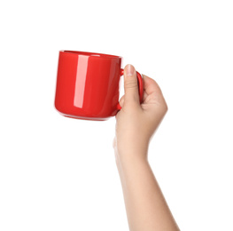 Photo of Woman holding red cup on white background, closeup