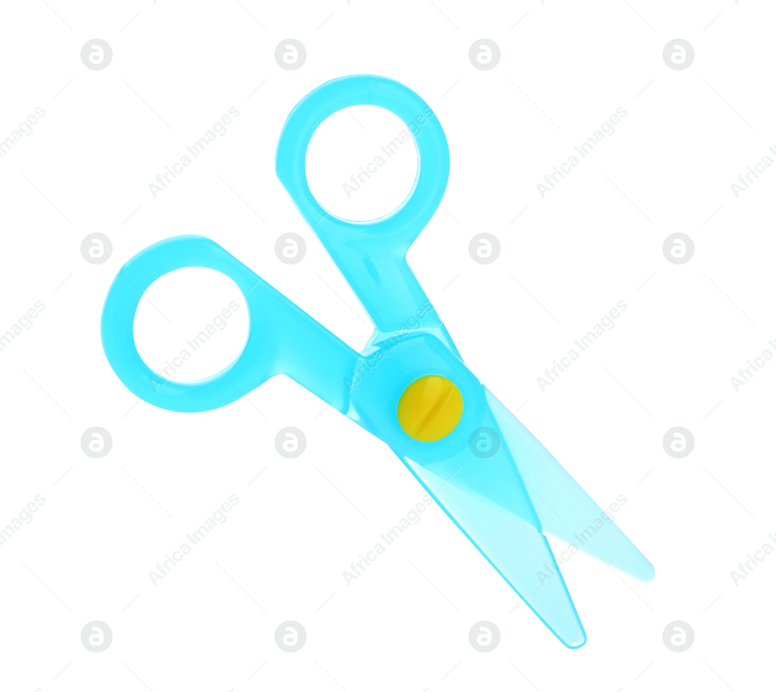 Photo of Colorful plastic scissors on white background. School stationery