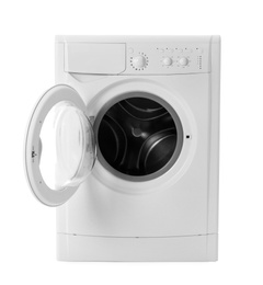 Photo of Modern washing machine isolated on white. Laundry day